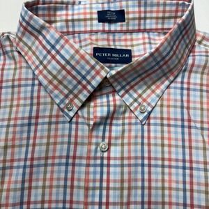 Peter Millar Collection Flex Finish Mens 2XL Plaid Button Down Shirt Blue Red